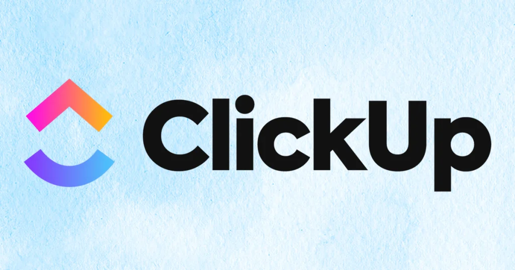 Clickup logo and text in an image with light blue background